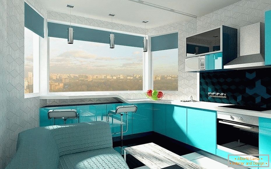 Designový design kuchyně v bobulové barvě s bay window s barovým pultem u okna