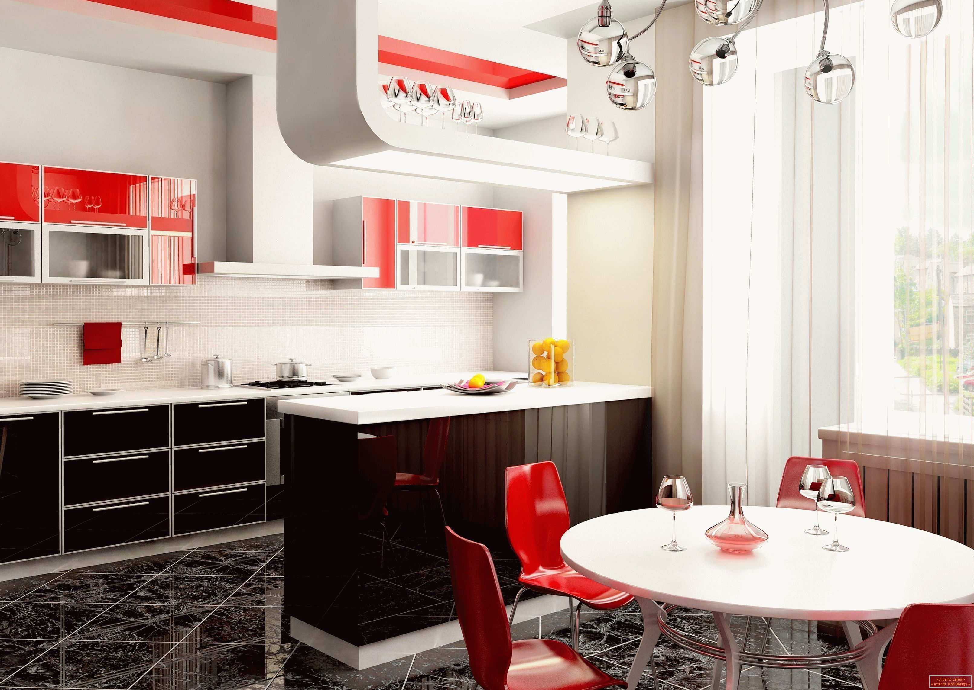 Světlý interiér kuchyně v bytě s červenými akcenty
