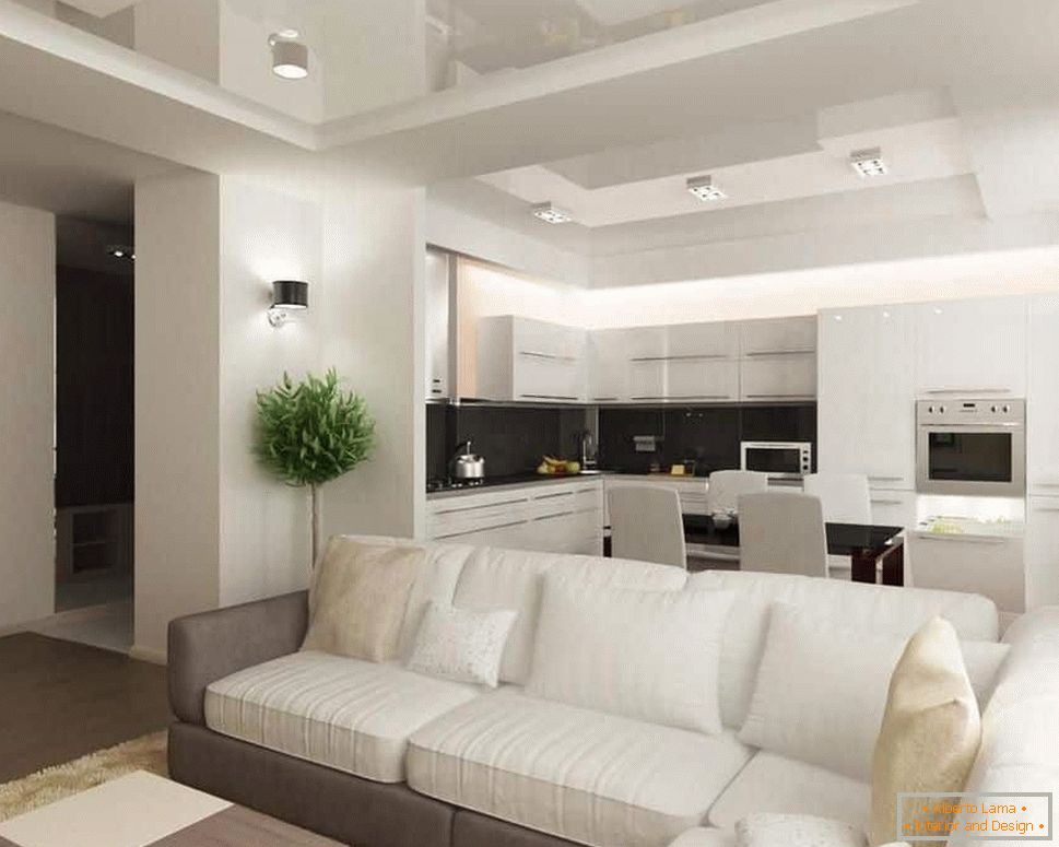 Obývací pokoj ve tvaru čtverce kombinovaný s kuchyní