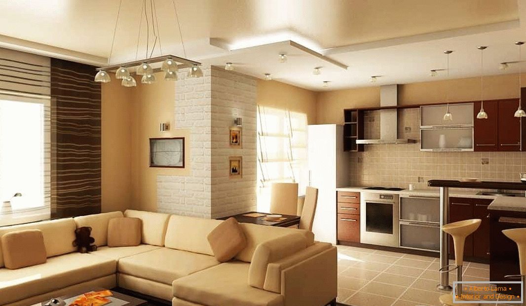 Kuchyně + obývací pokoj ve čtvercovém tvaru