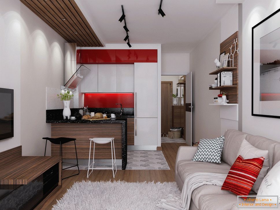 Bytový design 30 m2 m s červenými akcenty