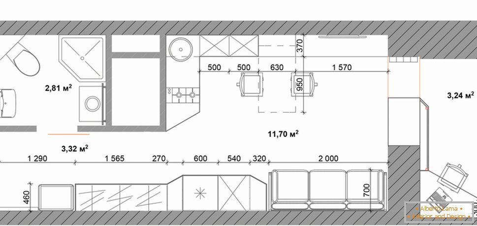 Dispozice bytu 30 metrů čtverečních. m v přírodních barvách s nábytkem