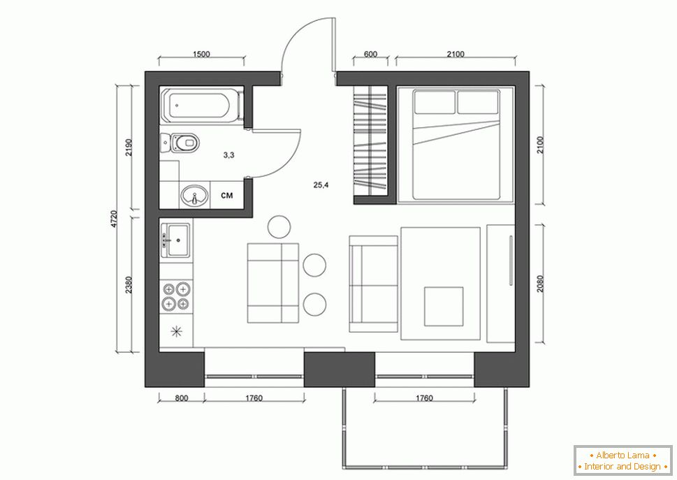 Dispozice bytu 30 metrů čtverečních. m černé a bílé