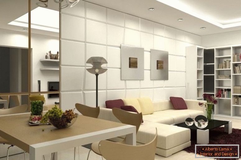 inspirativní-moderní-jídelna a obývací pokoj-design-pro-malý-byt-s-béžové-koženka-sekční-pohovka-a-černý-sklo-káva-stůl-na-růžové-hnědé- dobře-jako-cool-roh-dřevěné police-1120x7