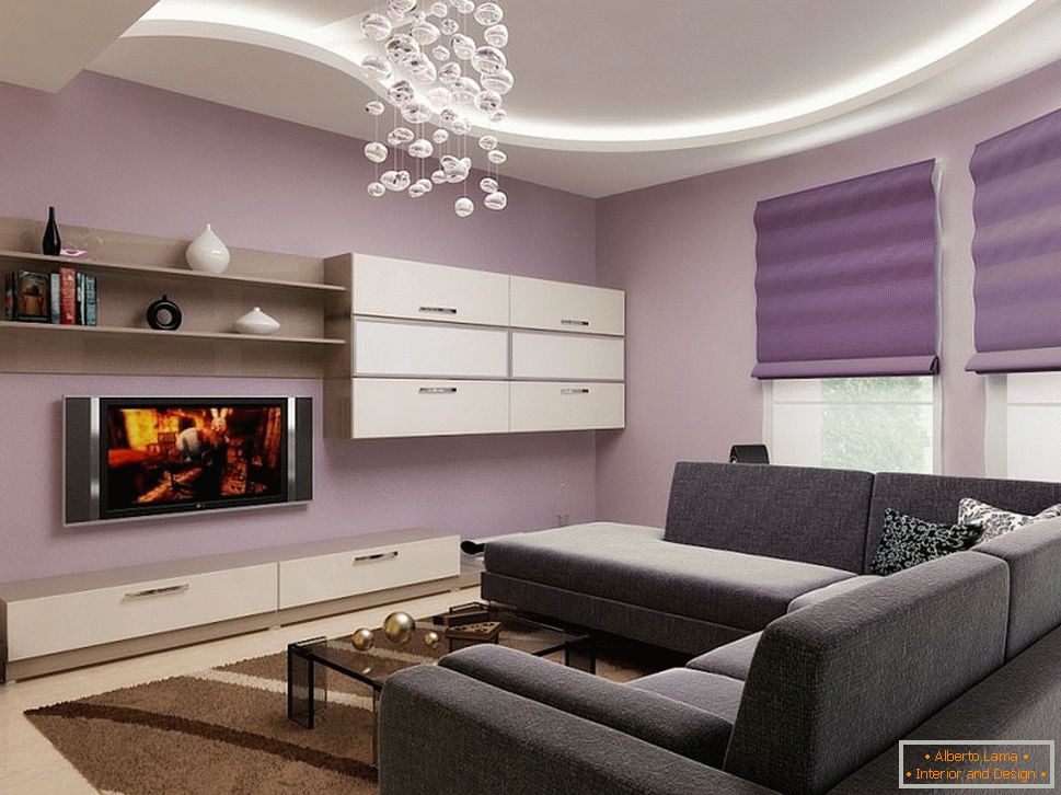 Fialová a černá v designu obývacího pokoje