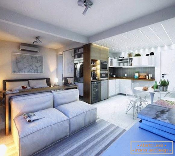 Nápady pro design studiových bytů 30 m2 - fotografie obývacího pokoje, ložnice a kuchyně