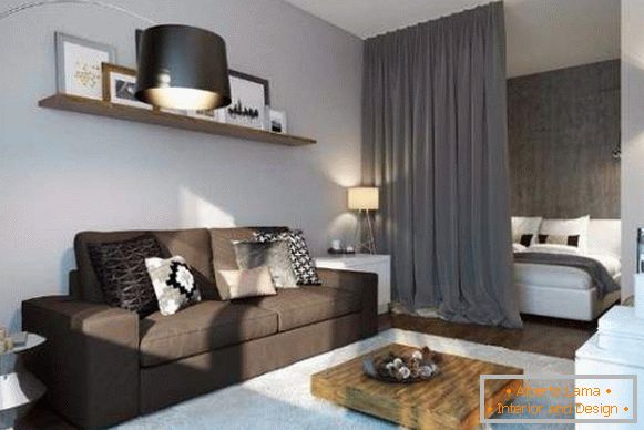 Nápady pro design studiových apartmánů - možnost rozdělení ložnice a obývacího pokoje