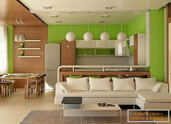 Projektový projekt studiového bytu o rozloze 25 m2 v bílé, zelené a hnědé tóny