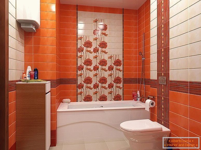 Oranžové dlaždice v interiéru malé koupelny