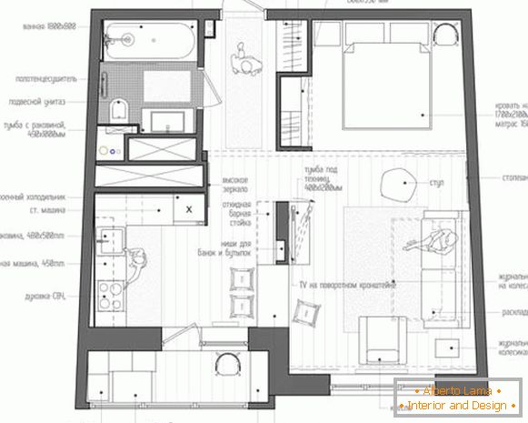 Fotodizajn projektu jednopokojového bytu o rozloze 40 m2
