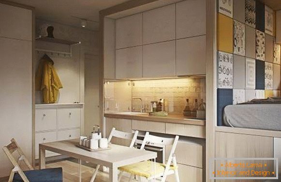 Moderní design jednopokojového apartmánu o rozloze 40 m2 - fotografie kuchyně a ložnice
