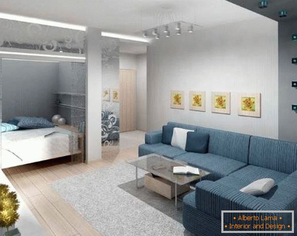 Jednopokojový bytový design: rozdělen na dvě zóny ložnici a chodbu