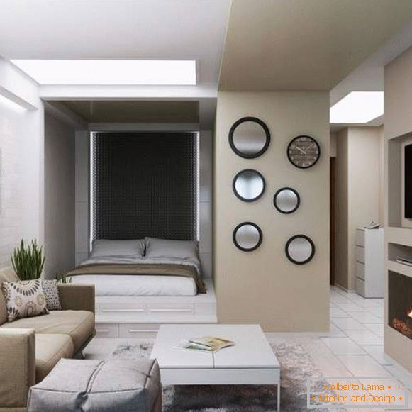 Interiérový design jednopokojového apartmánu se spací částí