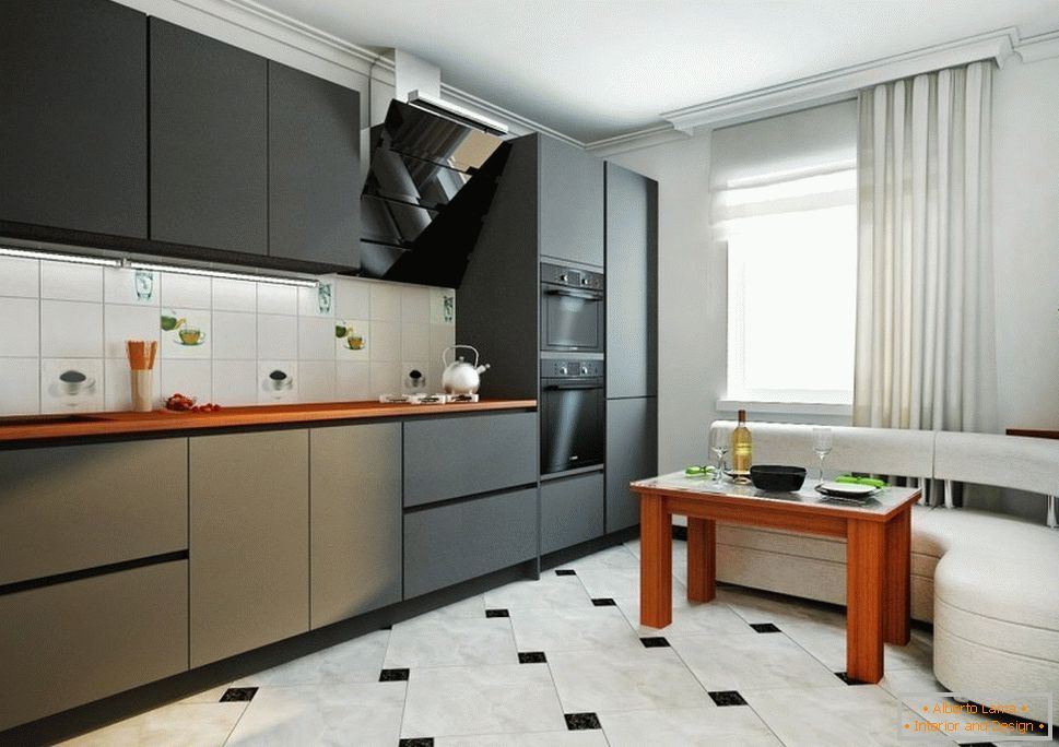 Černý nábytek a bílý kout v kuchyni