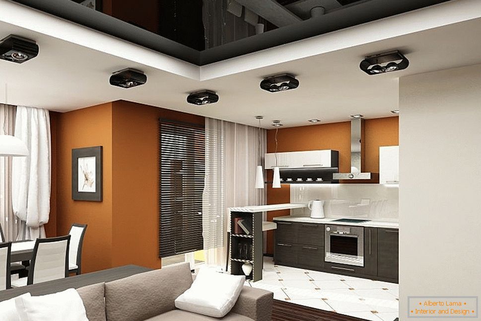 Stropní design obývacího pokoje ve studiovém bytě