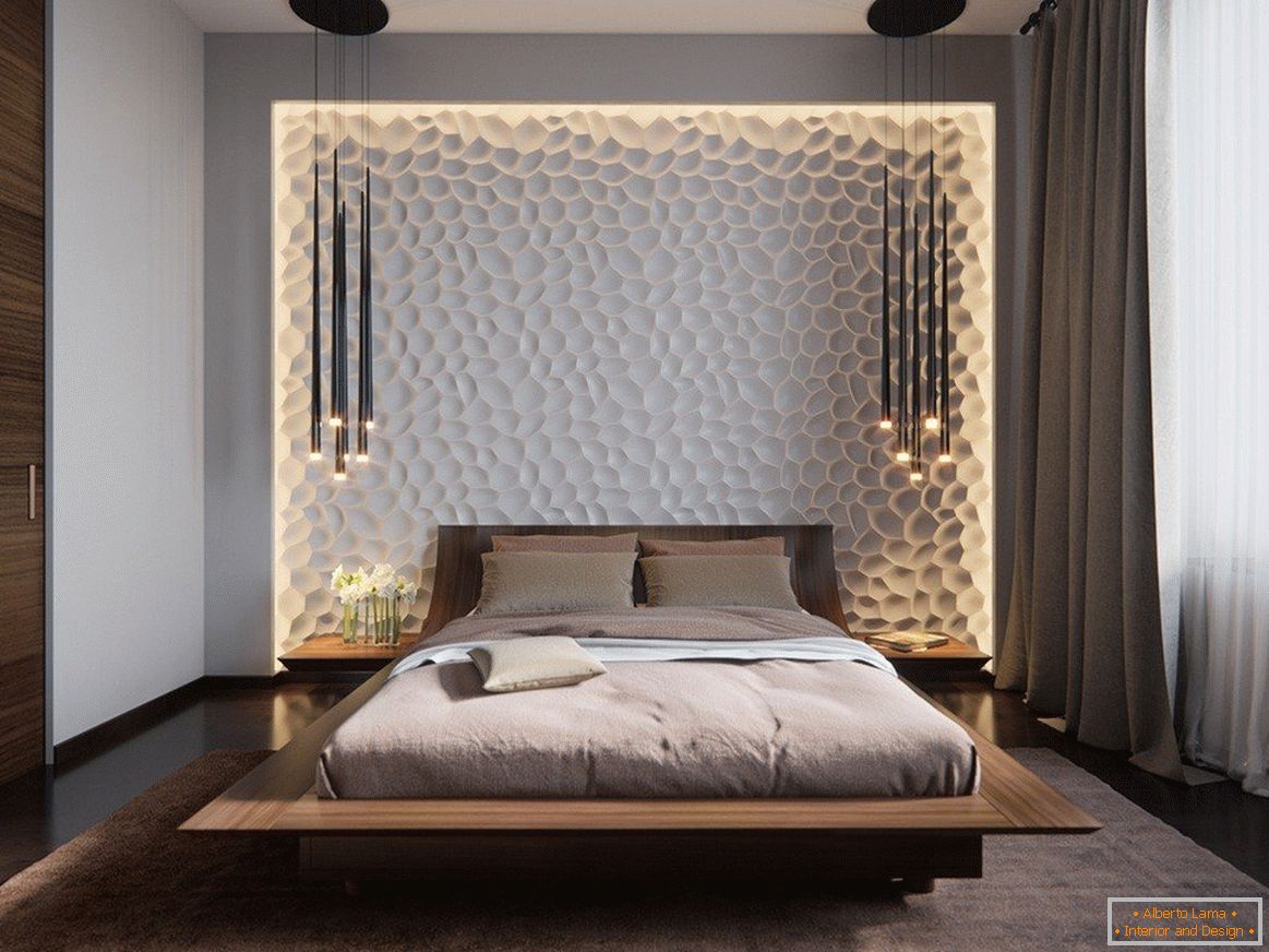 3D panely na stěně ložnice s osvětlením