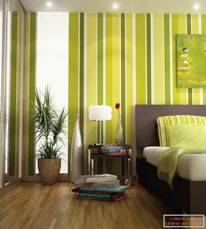Interiér malé ložnice v zelené barvě
