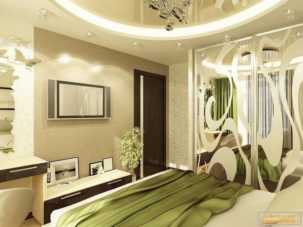 Interiér ložnice v zelené a světle béžové tóny