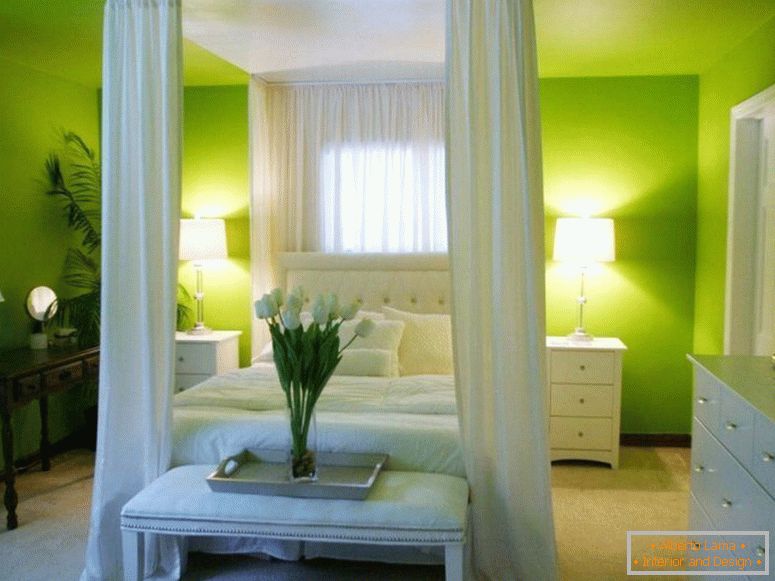 Osvětlení в спальне зеленого цвета