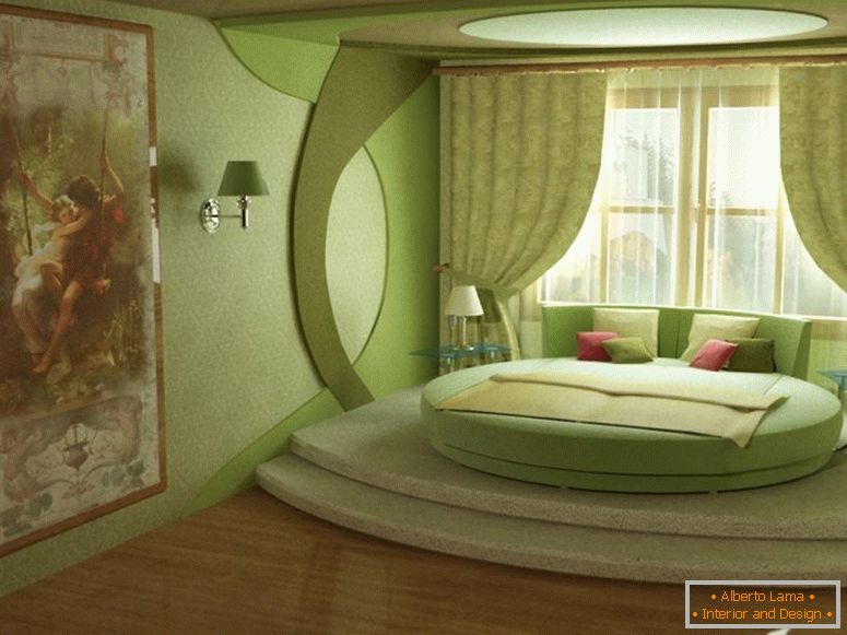 Zelená ložnice s kruhovým lůžkem