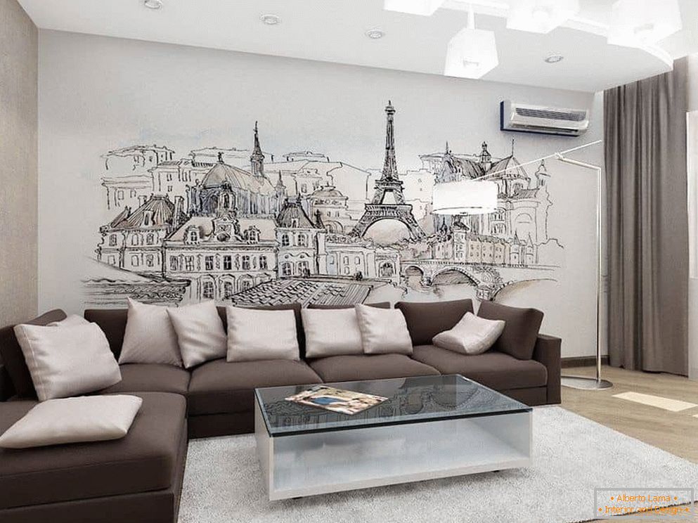 Návrh obývacího pokoje s dekorací na stěnu