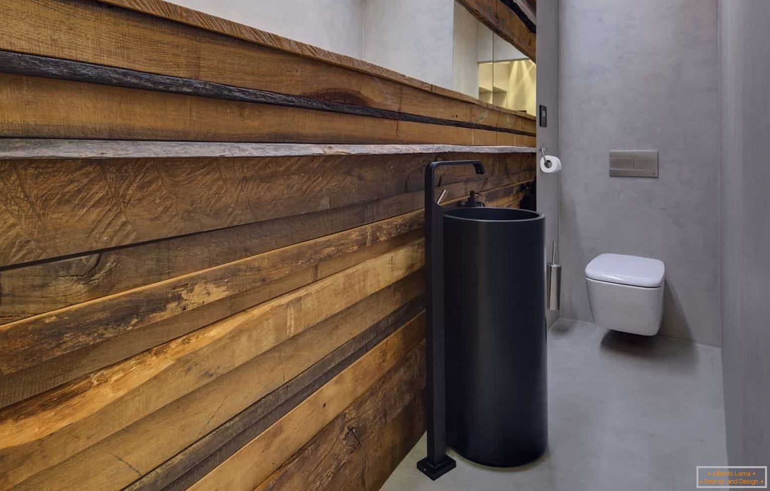 Moderní design malého toaleta v ekologickém stylu s neobvyklým pláštěm