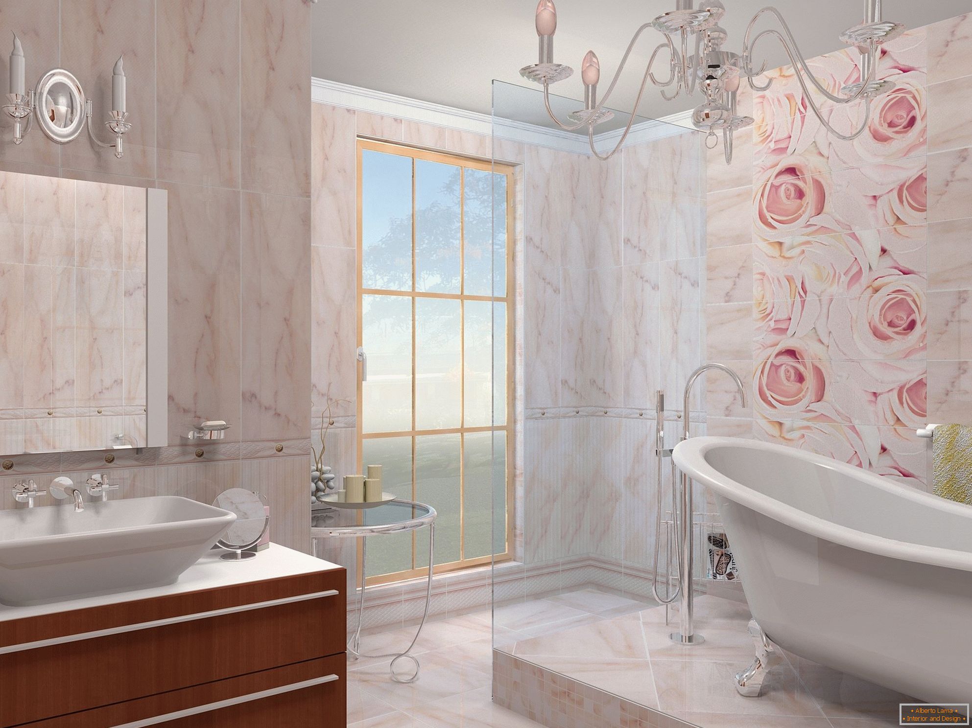 Kombinace béžové a růžové v designu koupelny