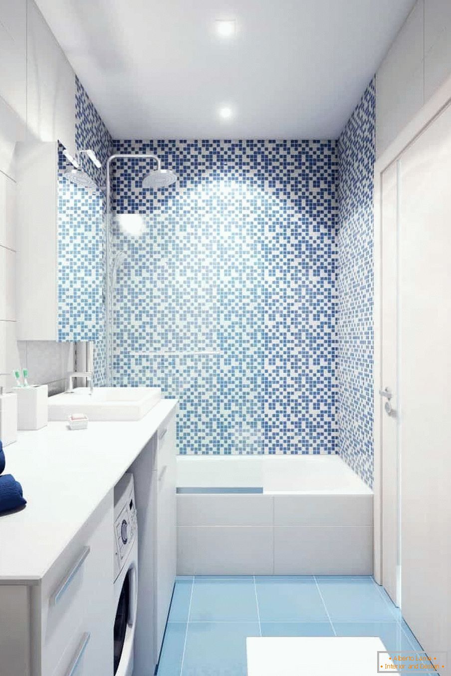 Bílo-modrá koupelna v panelovém domě
