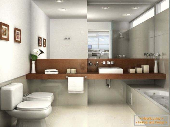 Koupelna ve stylu minimalismu je vyzdobena světle šedými odstíny. Pohled je přitahován velkým zrcadlem, které zabírá celou stěnu nad umyvadlem.