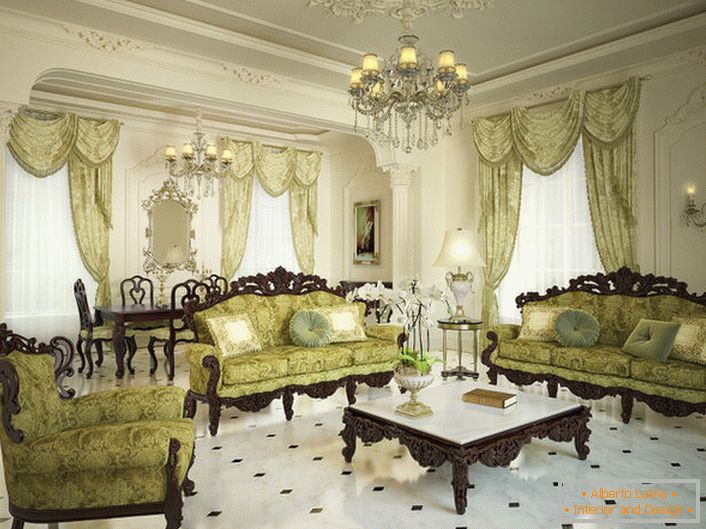 Zdobení prostorného obývacího pokoje v barokním stylu.