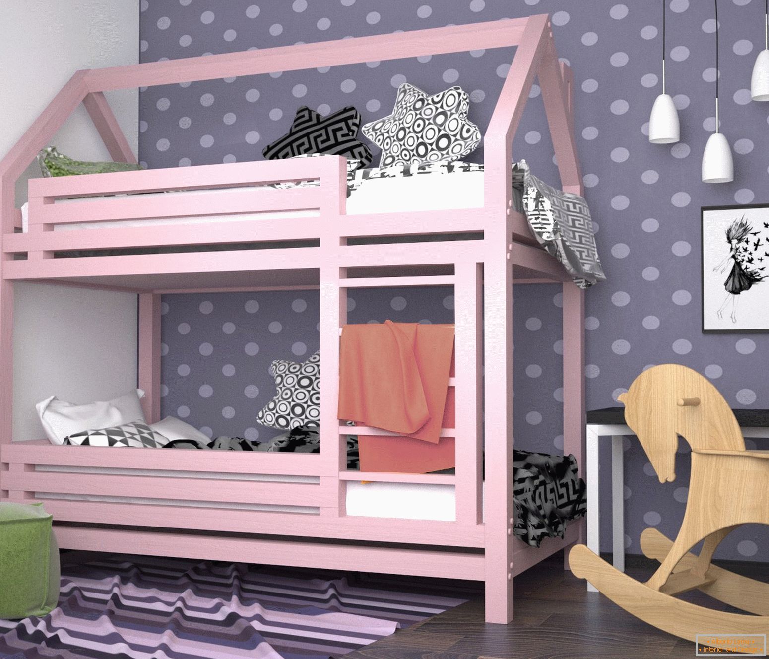 Růžové patrové postele v dětském pokoji pro dívku