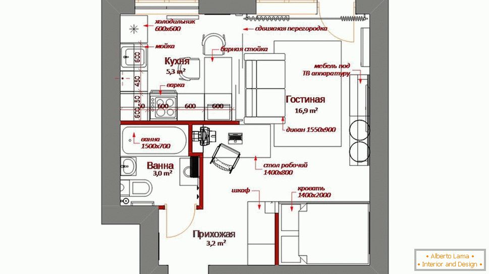 Dispozice malého bytu s nábytkem