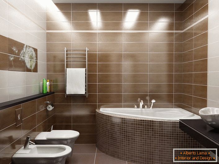Pro výzdobu koupelny v moderním stylu byl použit panel s pampeliškou. Jednoduchý, nekomplikovaný interiér v moderním stylu. 