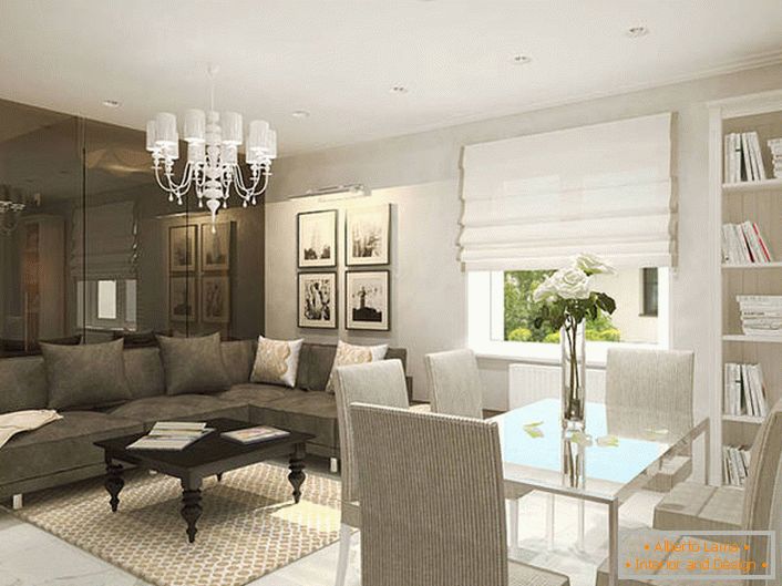 Obývací pokoj v moderním stylu je kompetentně rozdělen do rekreační oblasti a jídelny s pomocí designové hry s barevným schématem.