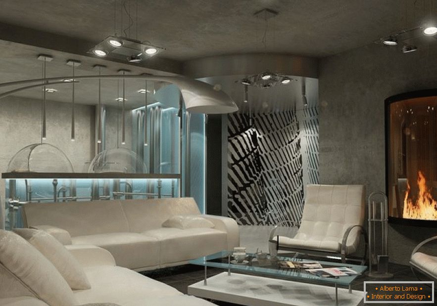 Obývací pokoj v high-tech stylu s elektrickým krbem