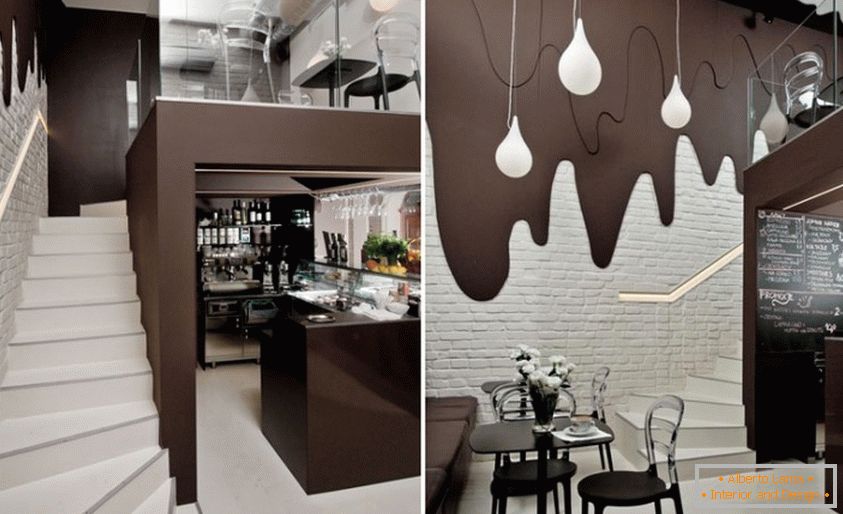 Interiér kavárna s čokoládovými stěnami s šmouhy