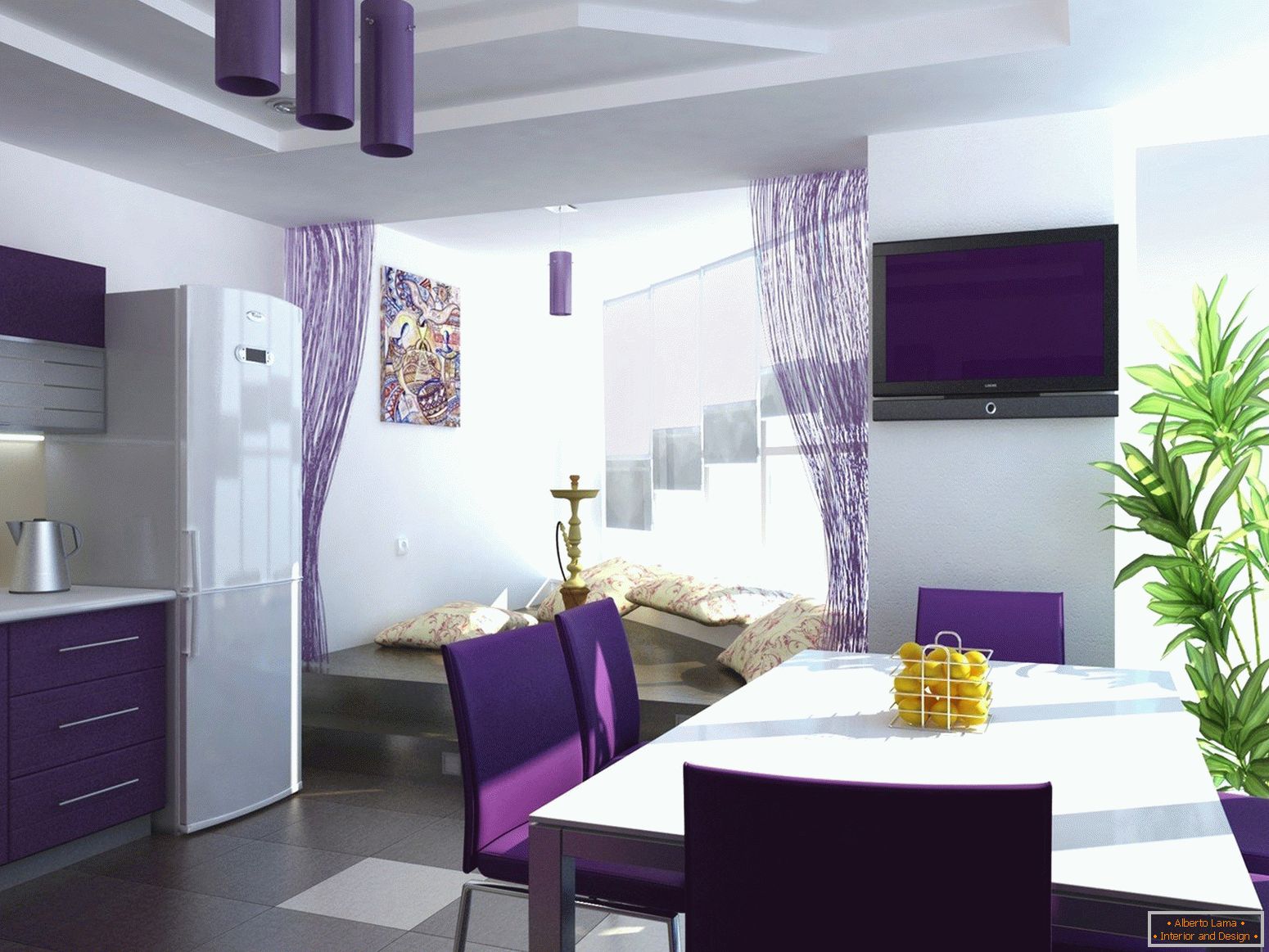 Fialová barva v interiéru kuchyně
