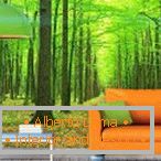 Oranžová pohovka na pozadí zeleného lesa