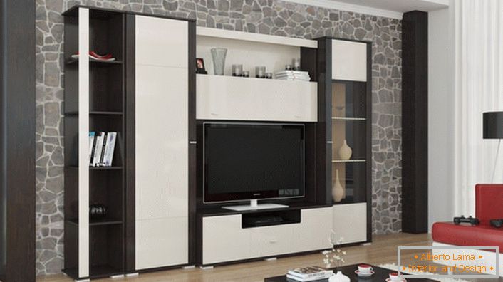 Bílo-černá modulární stěna pro velký obývací pokoj.