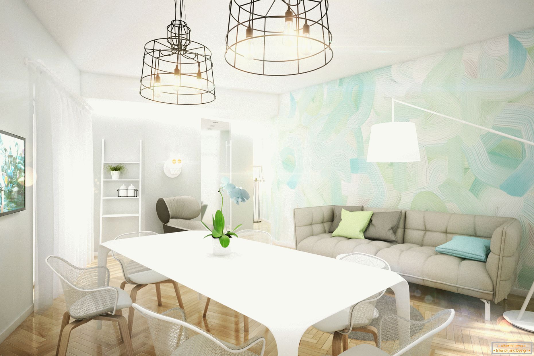 Designový byt v pastelových barvách: obývací pokoj