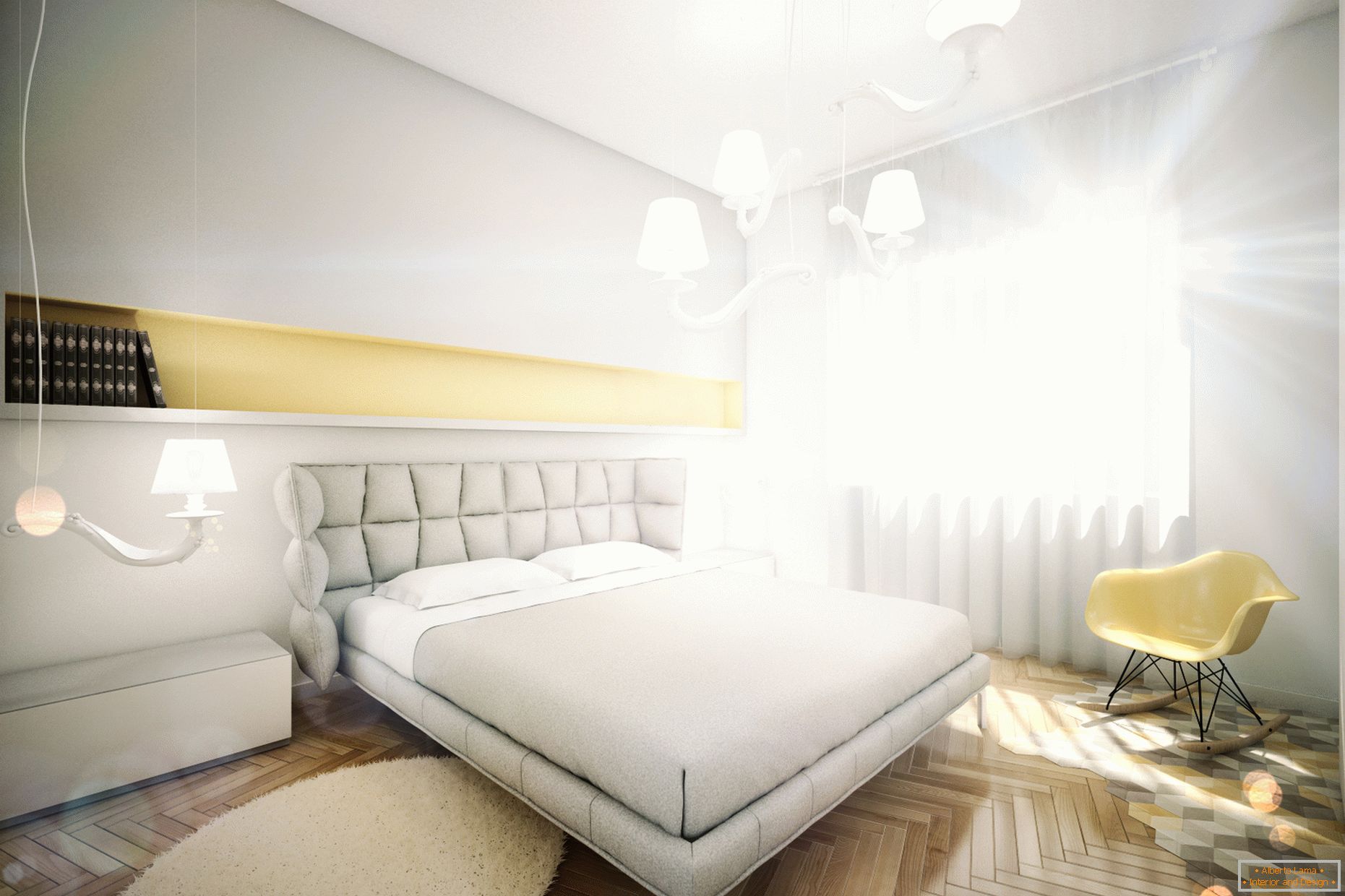 Designový byt v pastelových barvách: ložnice