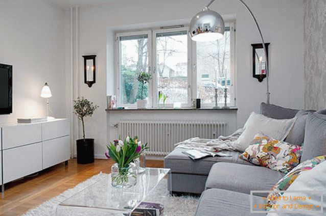 Obývací pokoj malého bytu v Goteborgu