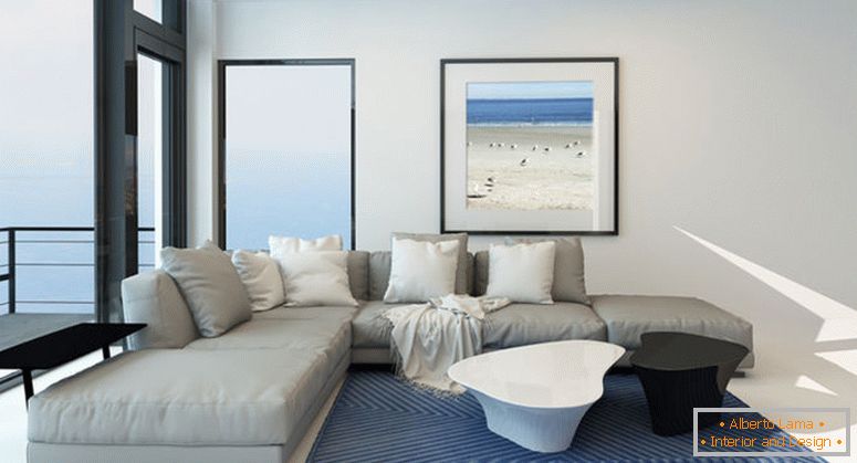 Moderní nábřeží obývací pokoj s jasným vzdušným salonkem s komfortním moderním čalouněným šedým apartmá, výzdobou na zeď a velkým panoramatickým výhledem podél jedné zdi s výhledem na oceán