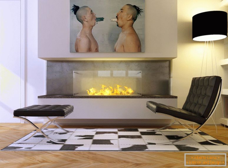 obývací pokoj se zabudovaným krbem ve stylu minimalismu