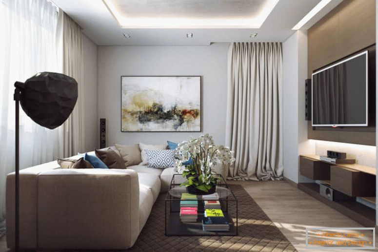 obývací pokoj ve stylu-minimalismu-s-big-TV-a-obraz