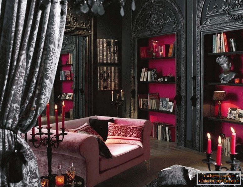 Tmavý interiér obývacího pokoje v gotickém stylu