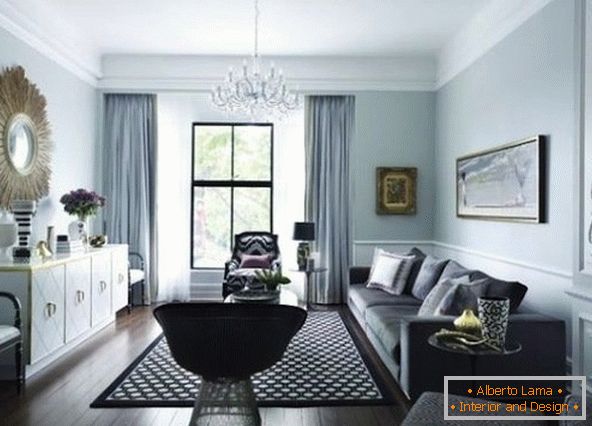 Interiér obývacího pokoje v šedých tónech