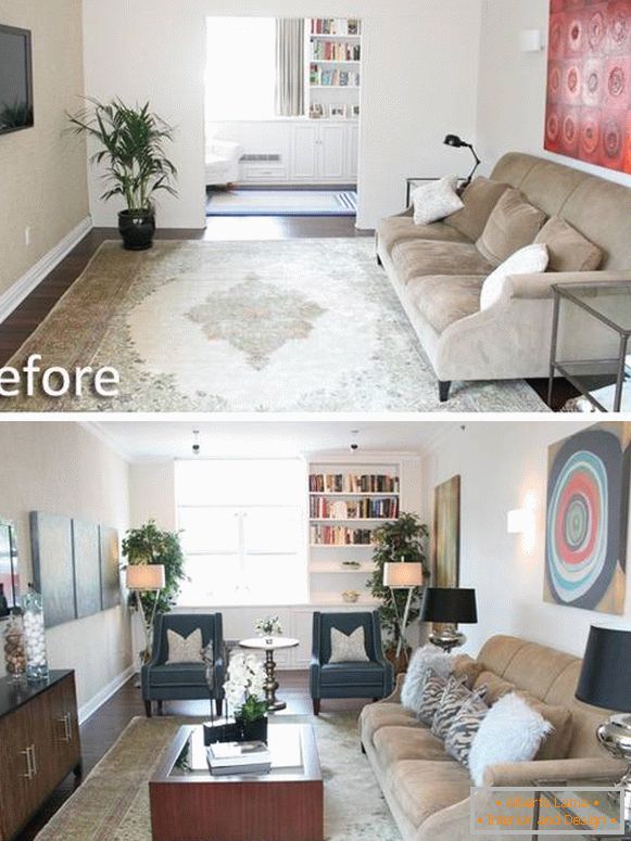 Fotografie obývacího pokoje v soukromém domě před a po