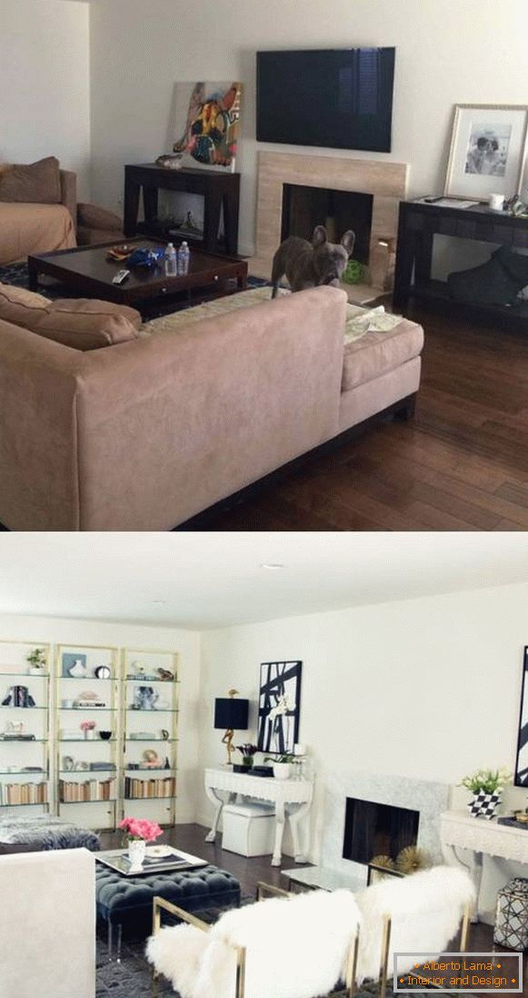 Interiéry obývacího pokoje soukromého domu před a po