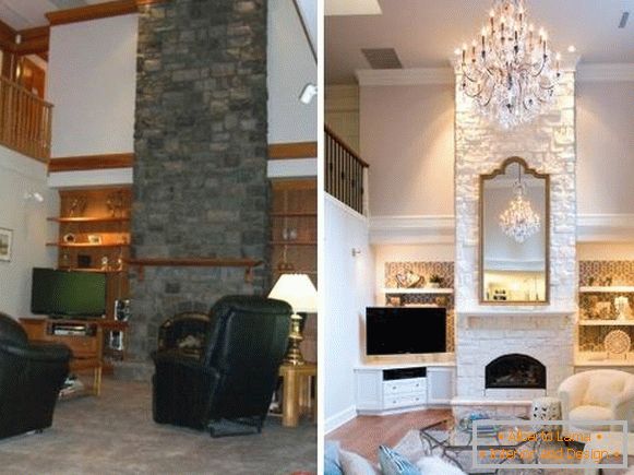 Stylový design obývacího pokoje s vysokými stropy před a po